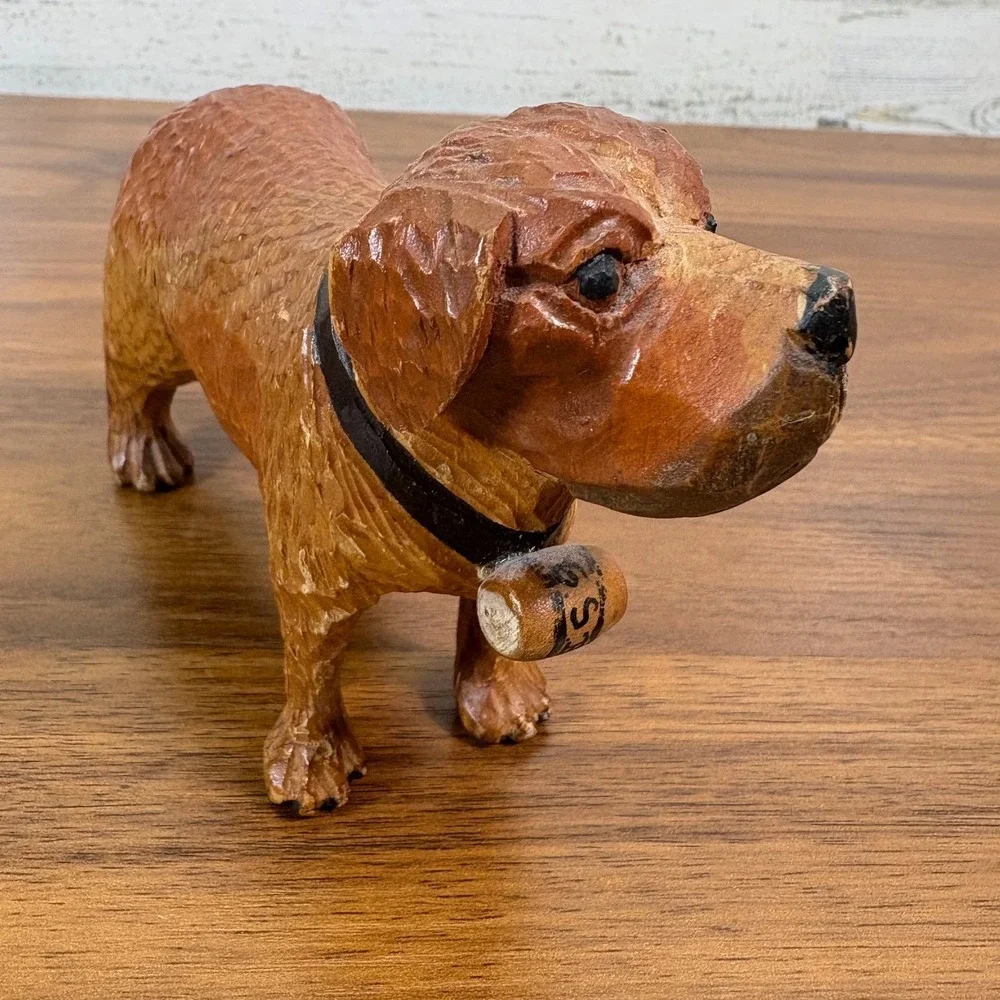 Vintage Swiss Hand Carved Wood Saint Black Forest St. Bernard Dog Figurine Keg